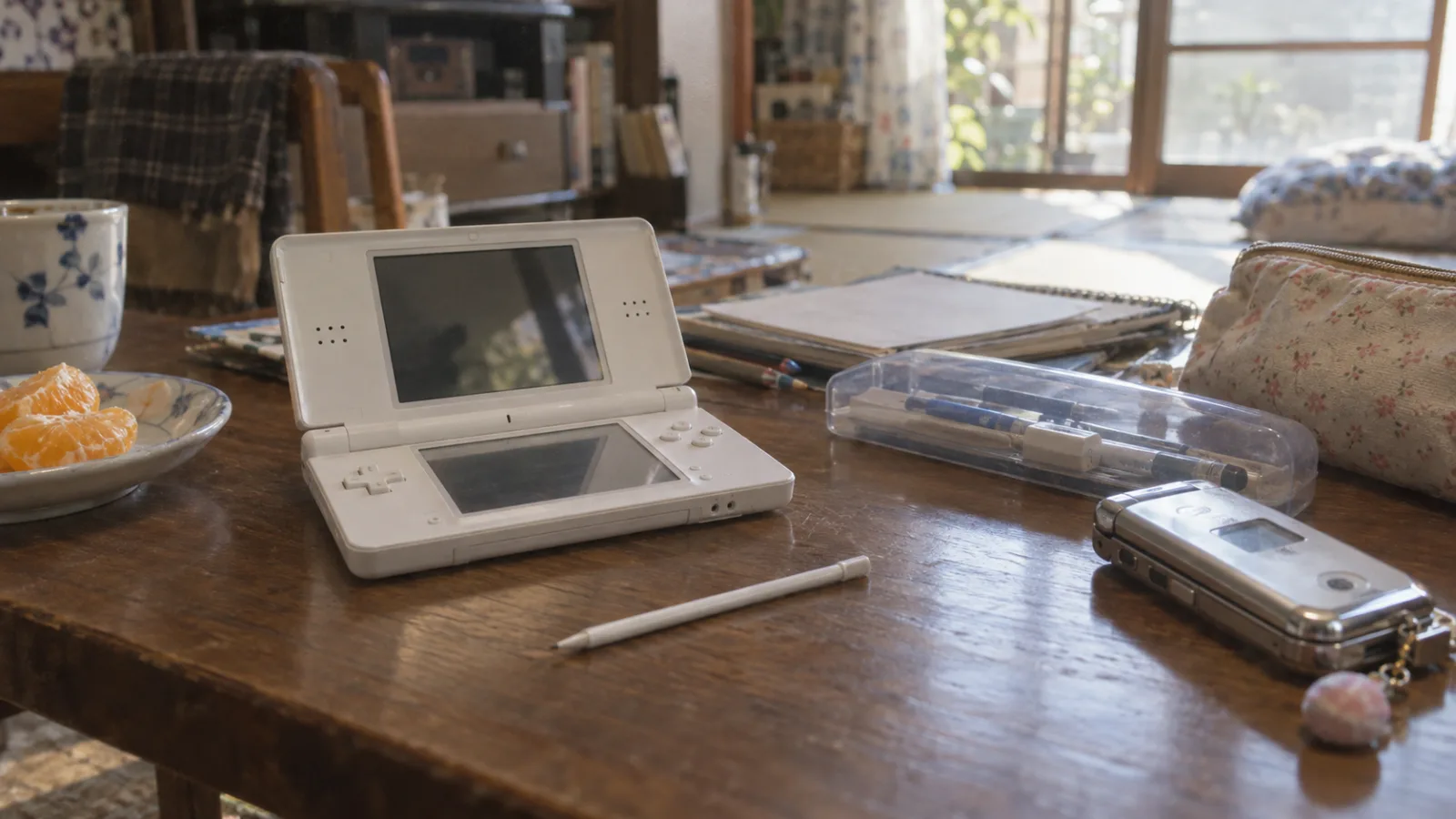 平成中期（2004〜2011年ごろ）のニンテンドーDSのタッチペンを横長の生活場面として描いたAI再現画像