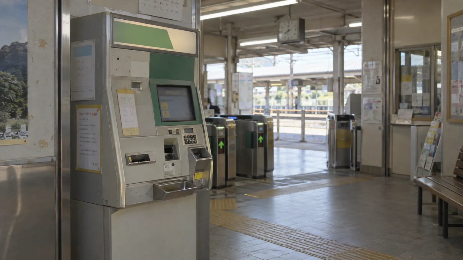 平成中期（2001〜2010年ごろ）のSuicaチャージ機を横長の生活場面として描いたAI再現画像