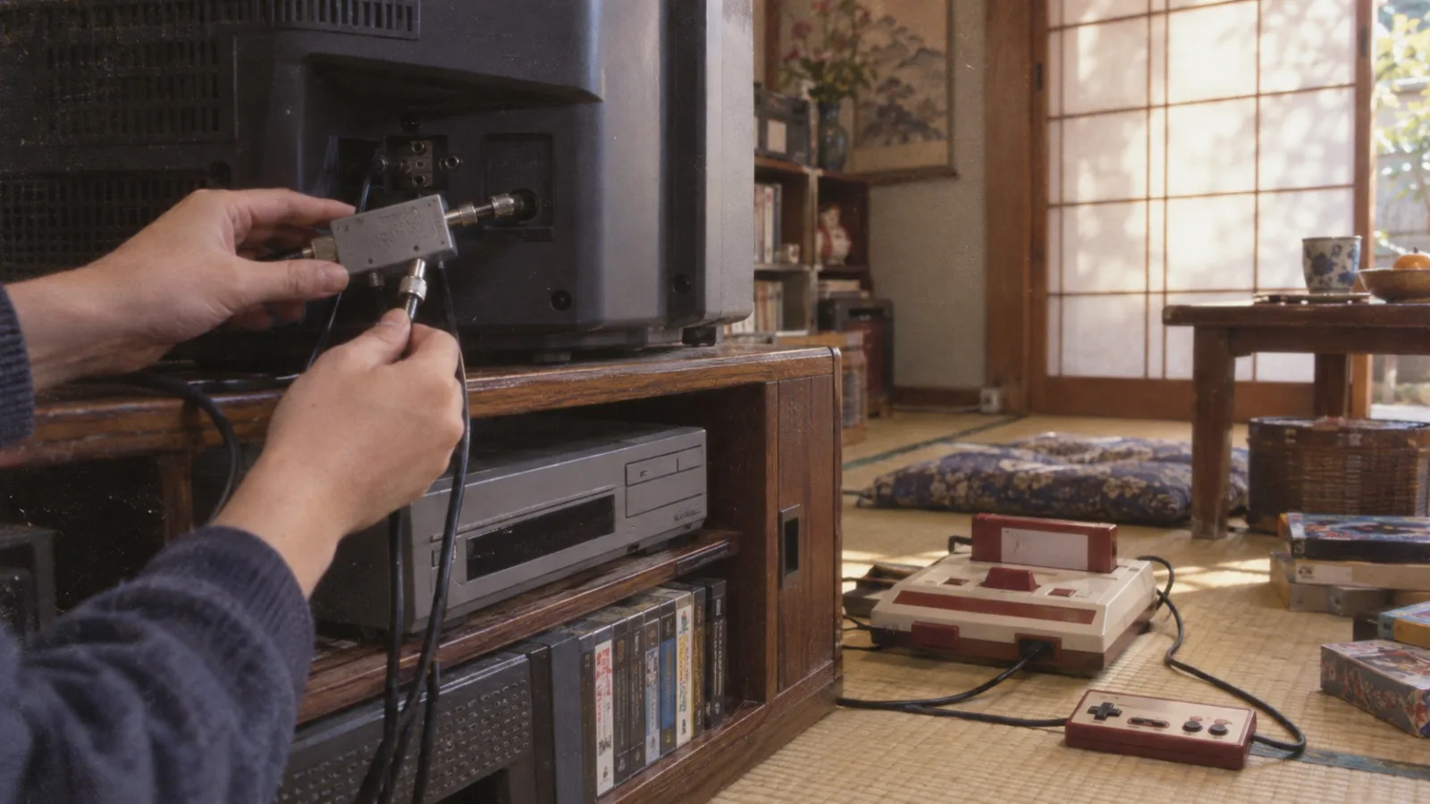 昭和末期〜平成初期（1983〜1993年ごろ）のファミコンのRFスイッチを横長の生活場面として描いたAI再現画像
