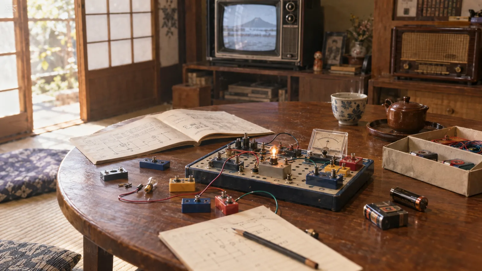 昭和40年代後半〜50年代（1970〜1984年ごろ）の電子ブロックを横長の生活場面として描いたAI再現画像