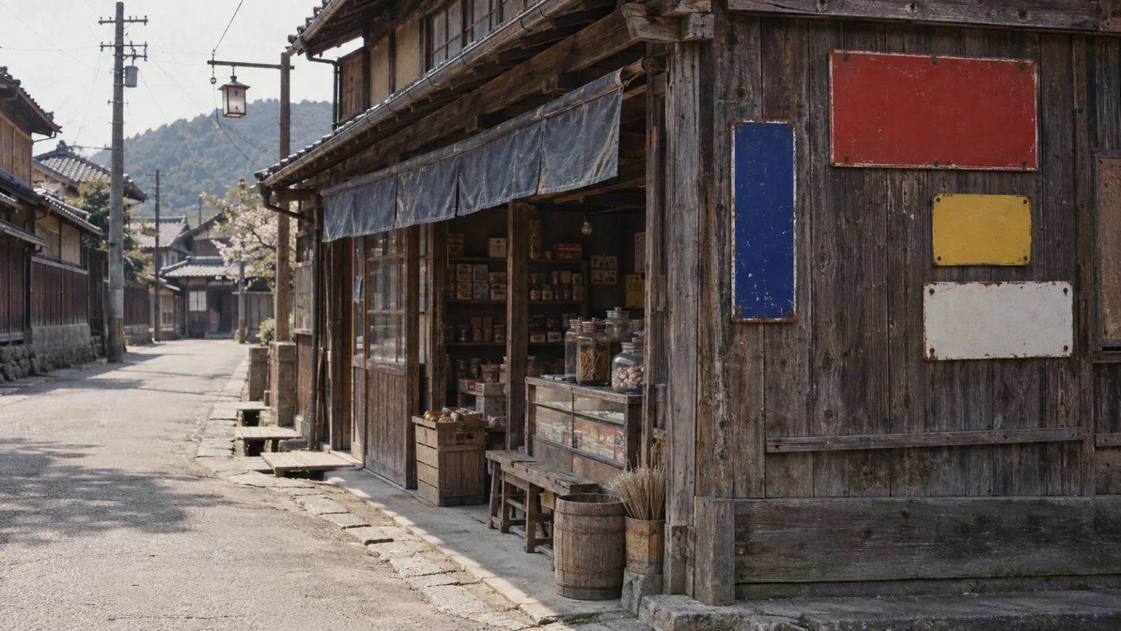 昭和30年代〜40年代（1955〜1974年ごろ）のホーロー看板を横長の生活場面として描いたAI再現画像