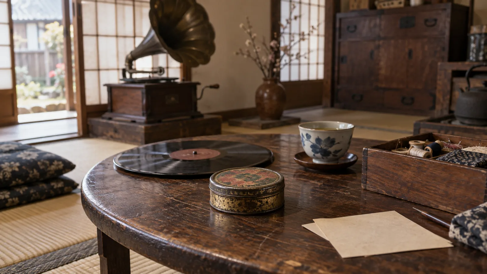 昭和20年代〜30年代(1945〜1964年ごろ)の蓄音機の針缶を横長の生活場面として描いたAI再現画像