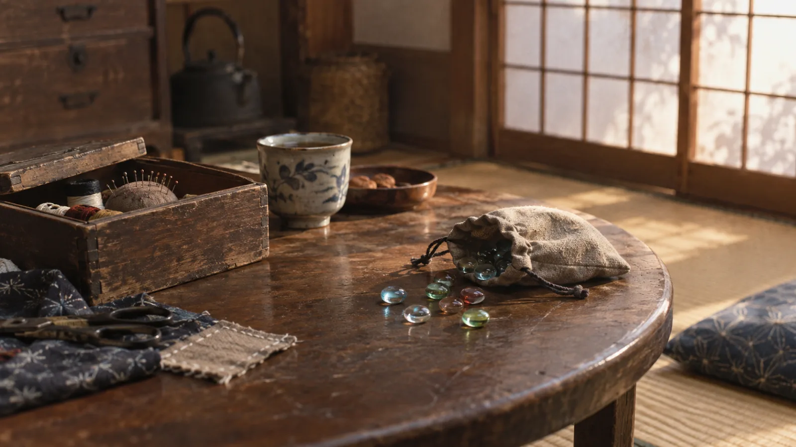 昭和20年代〜40年代（1945〜1974年ごろ）のおはじきの布袋を横長の生活場面として描いたAI再現画像