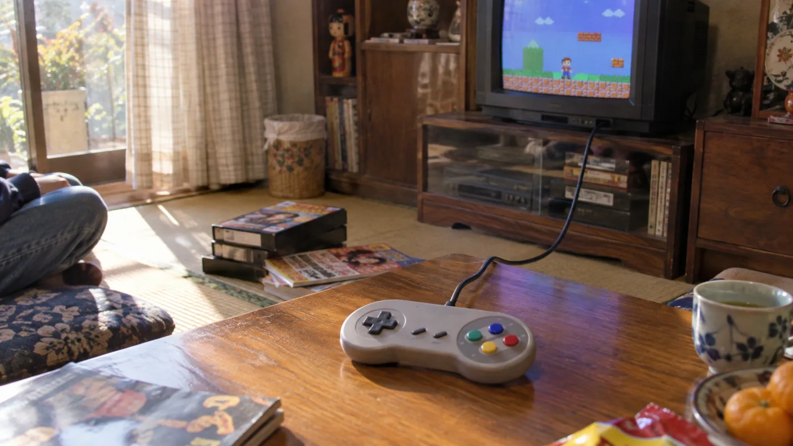 平成初期（1990〜1996年ごろ）のスーパーファミコンのコントローラーを横長の生活場面として描いたAI再現画像