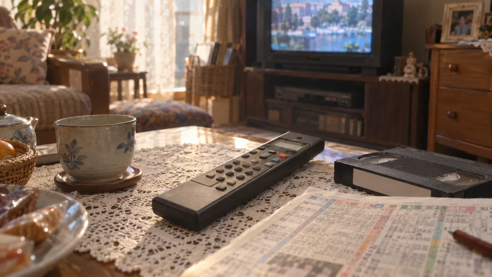 昭和末期〜平成初期（1985〜1995年ごろ）のVHS予約録画リモコンを横長の生活場面として描いたAI再現画像