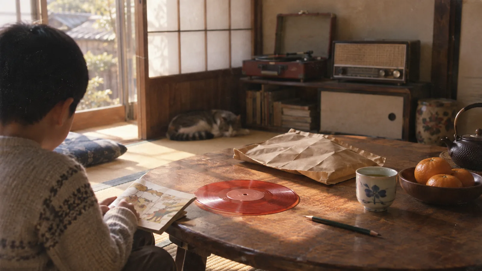 昭和40年代（1965〜1974年ごろ）のソノシートの付録を横長の生活場面として描いたAI再現画像