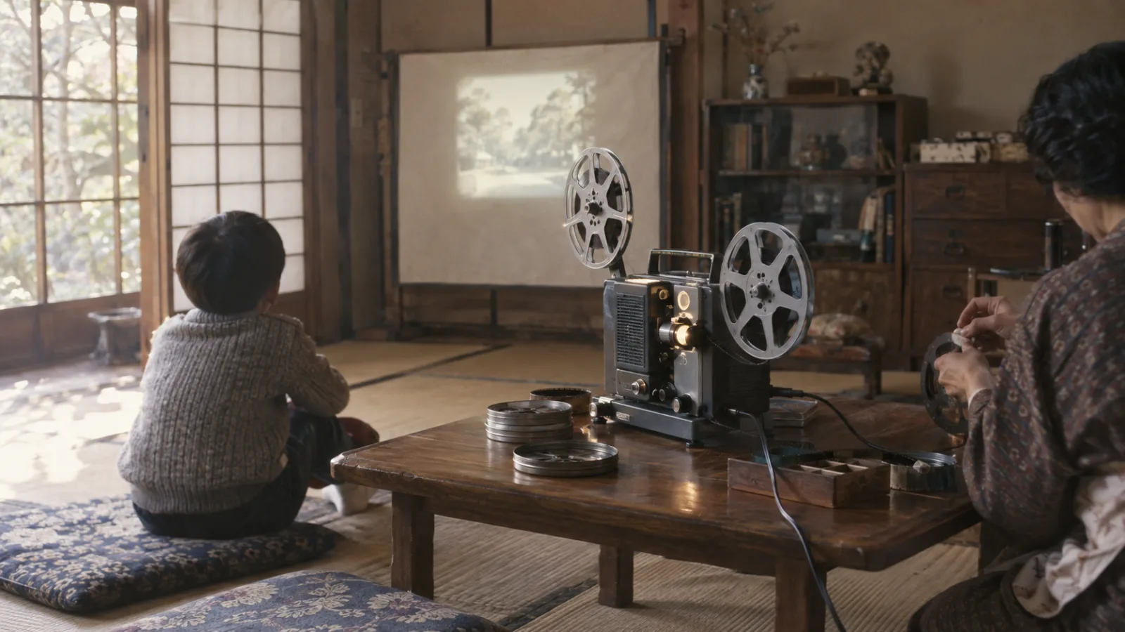 昭和30年代〜40年代（1955〜1974年ごろ）の家庭用8ミリ映写機を横長の生活場面として描いたAI再現画像