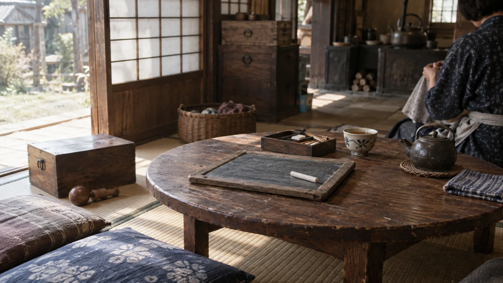 昭和20年代〜30年代（1945〜1964年ごろ）の石板と石筆を横長の生活場面として描いたAI再現画像