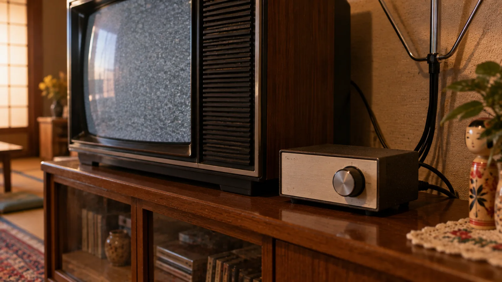 昭和40年代後半〜50年代（1970〜1979年ごろ）のUHFコンバーターを横長の生活場面として描いたAI再現画像