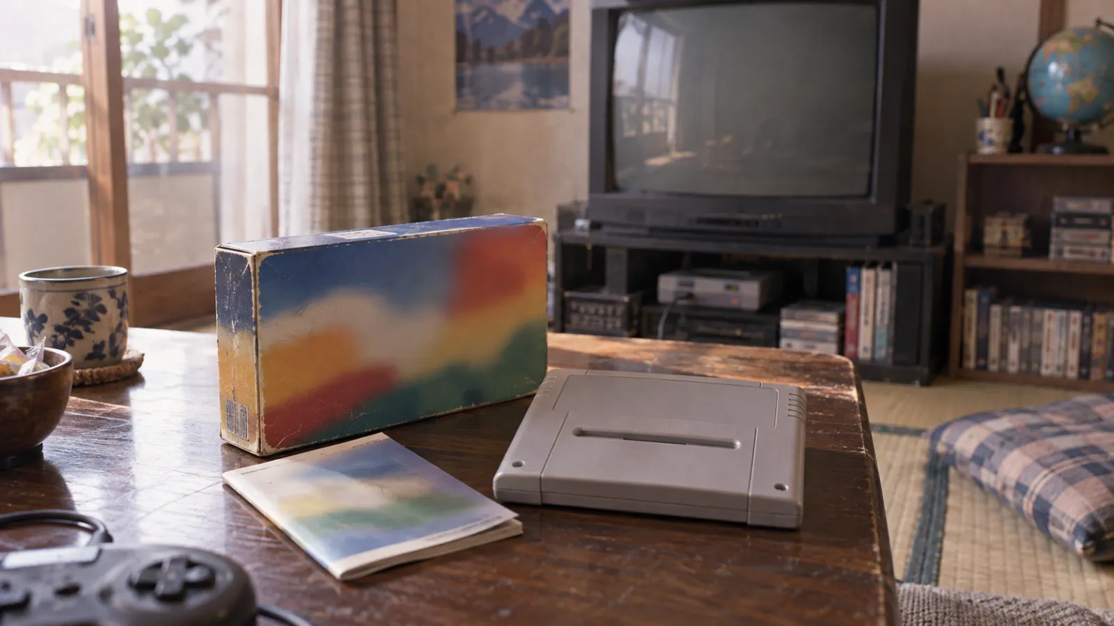 平成初期（1990〜1998年ごろ）のスーパーファミコンのカセット箱を主役にした懐かしい横長写真