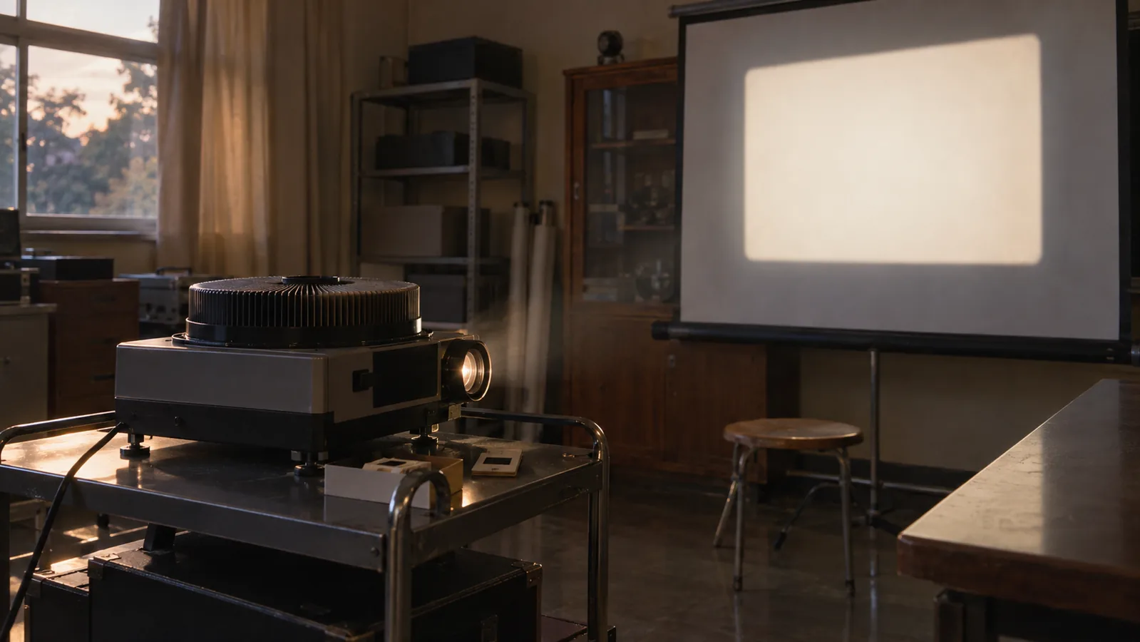 昭和50年代〜60年代（1975〜1989年ごろ）の視聴覚室のスライド映写機を主役にした懐かしい横長写真