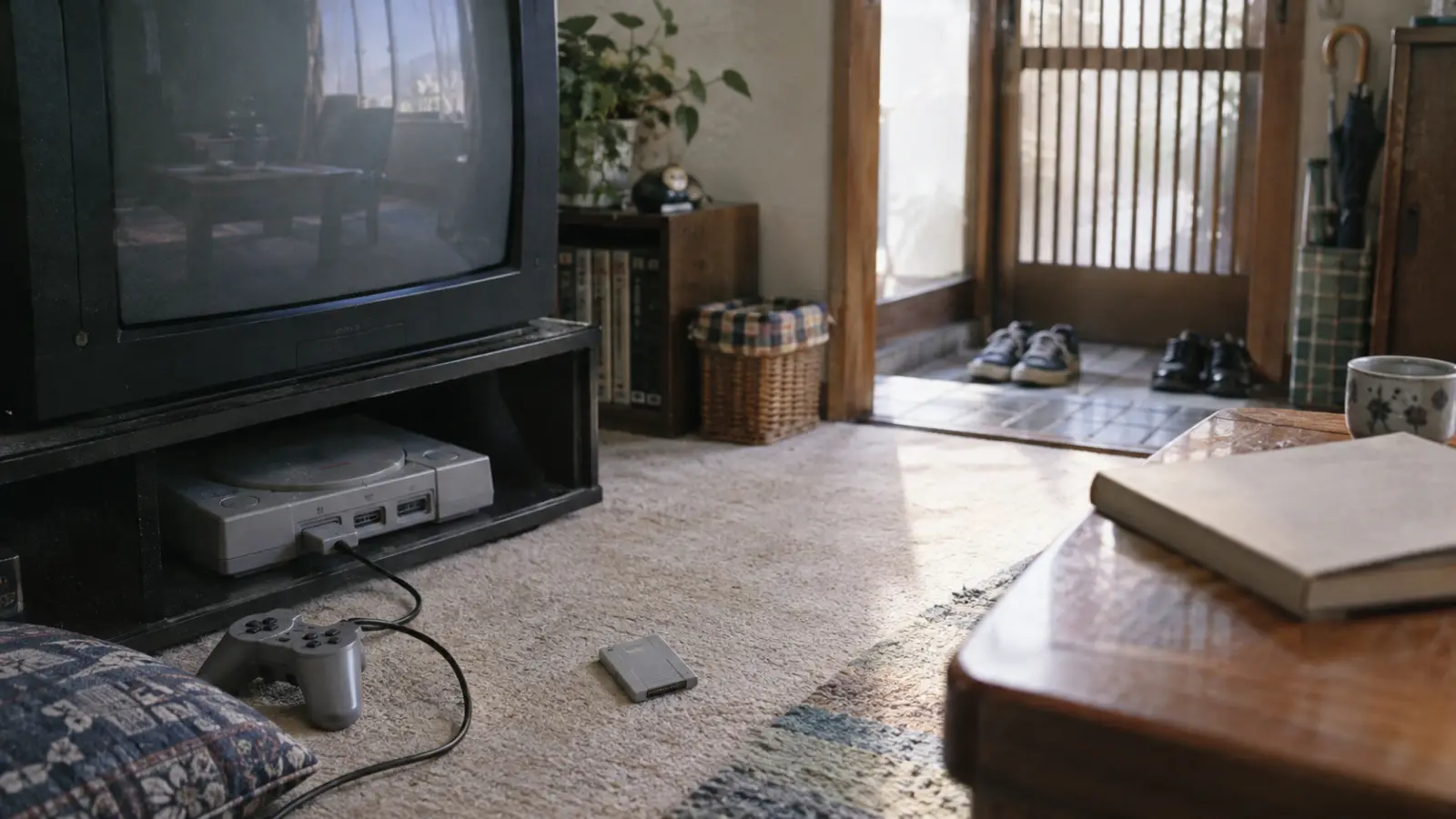 平成初期（1994〜2000年ごろ）の初代PlayStationのメモリーカードを主役にした懐かしい横長写真
