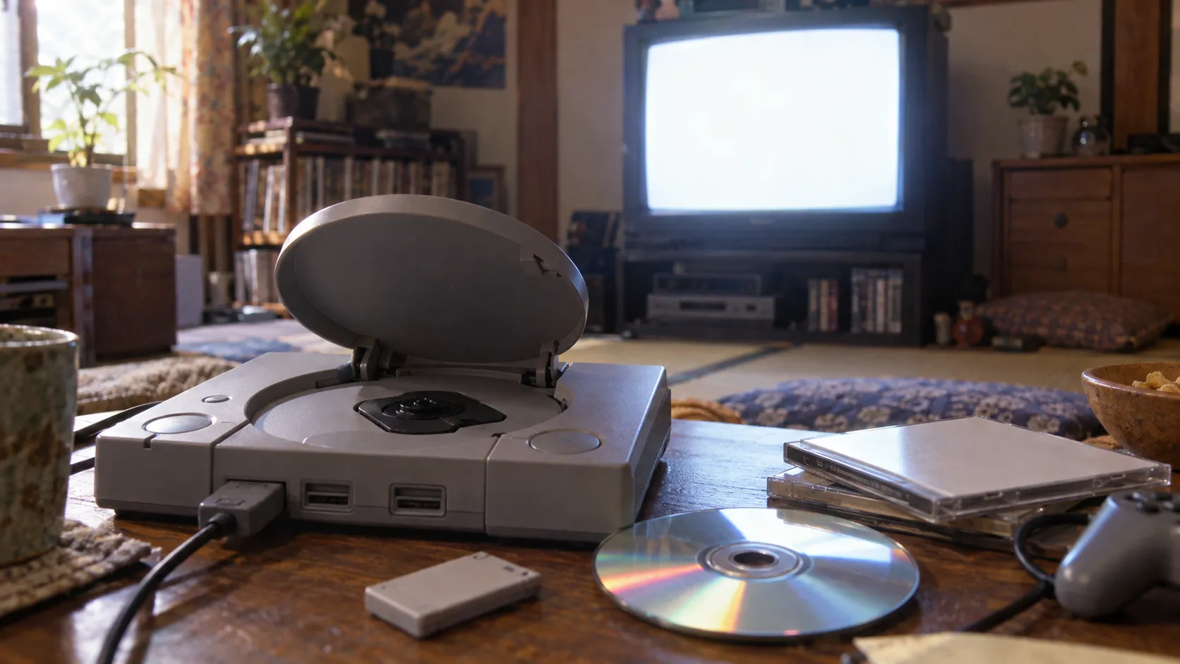平成6年〜平成12年（1994〜2000年ごろ）の初代PlayStationのディスクトレイを主役にした懐かしい横長写真