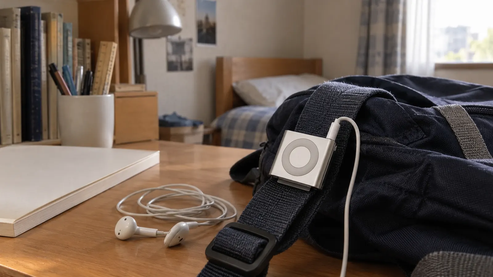 平成18年ごろの雰囲気の部屋で、リュックの肩ひもに留めた四角いクリップ式の音楽プレーヤーと白いイヤホン