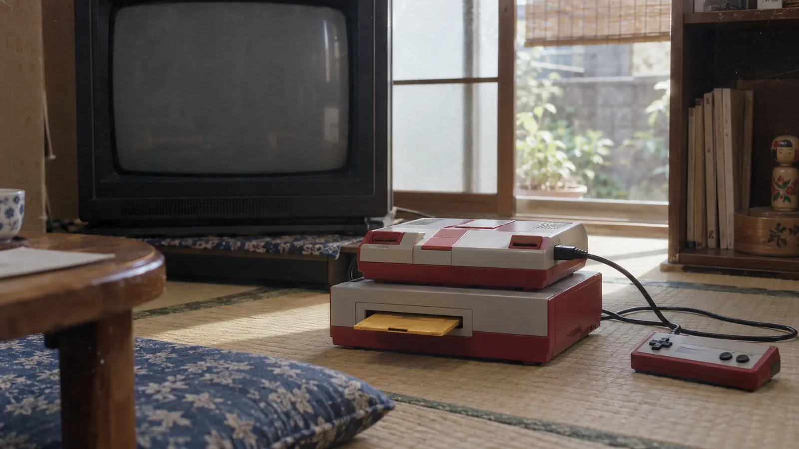 昭和61年ごろの畳の部屋で、ゲーム機の下に置かれたディスク装置と差し込まれた黄色いディスク