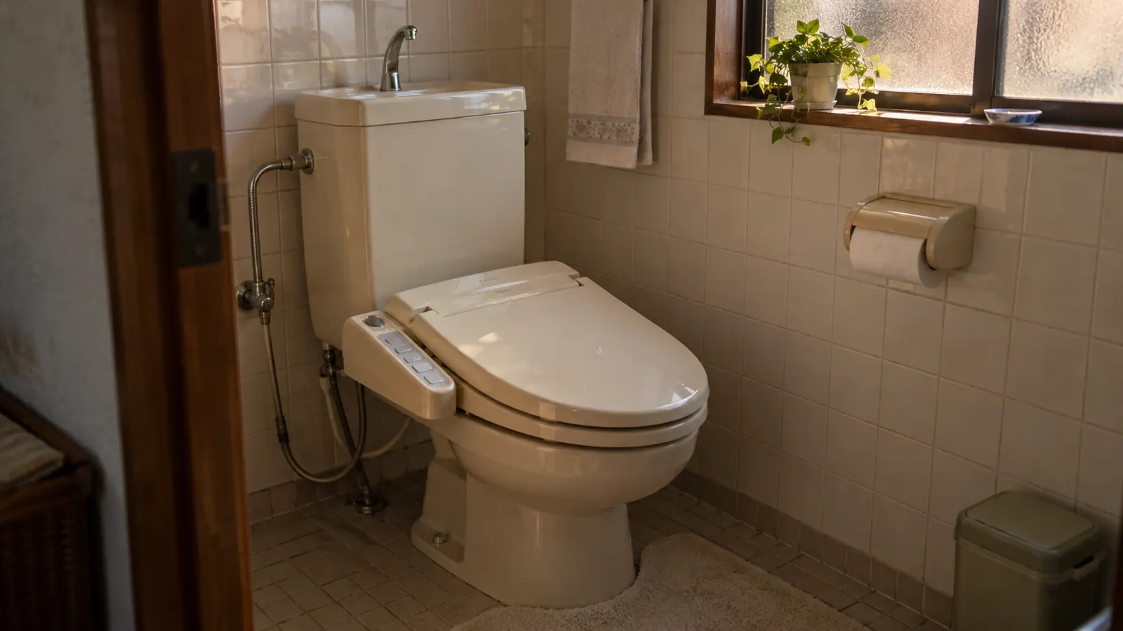 昭和55年ごろのタイル張りのトイレに取り付けられた、横に操作部のあるベージュの温水洗浄便座