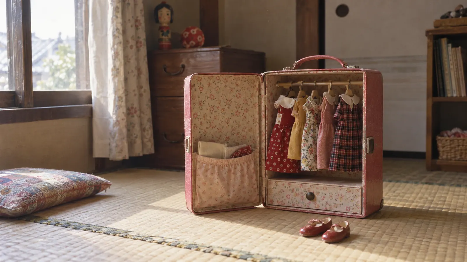 昭和42年ごろの畳の部屋で、開いた小さな衣装ケースに並ぶ人形用のワンピースと赤い靴