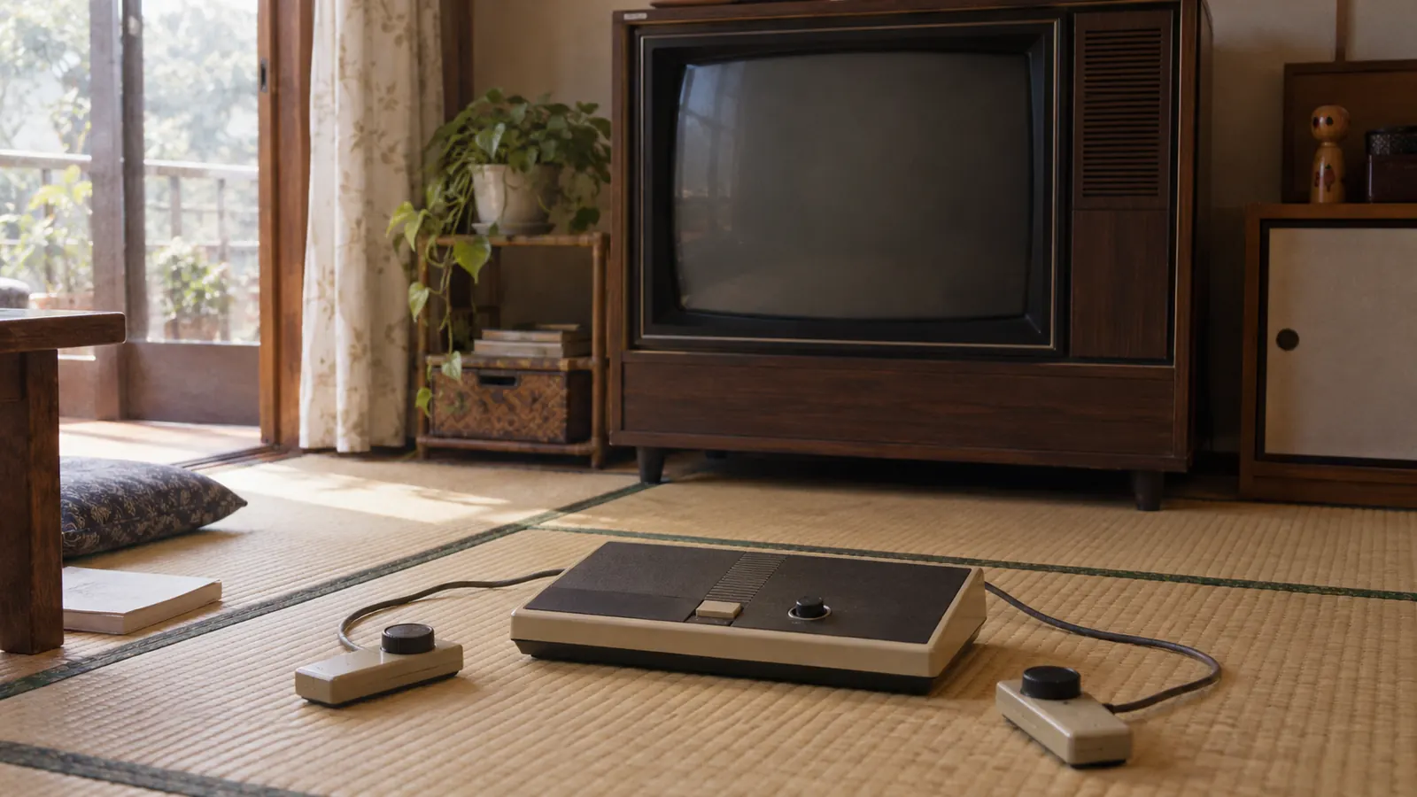 昭和50年ごろの雰囲気の茶の間で、木目のブラウン管テレビの前の畳に置かれた平たいテレビゲーム機と左右のパドル