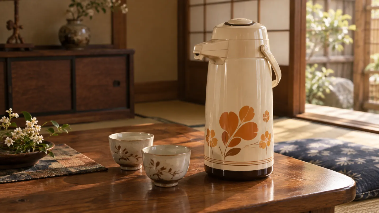 昭和48年〜昭和52年(1973〜1977年ごろ)の押すだけのエアーポットの記憶をたどる再現イメージ:手押しボタンと注ぎ口がある花柄の保温ポットと湯飲み