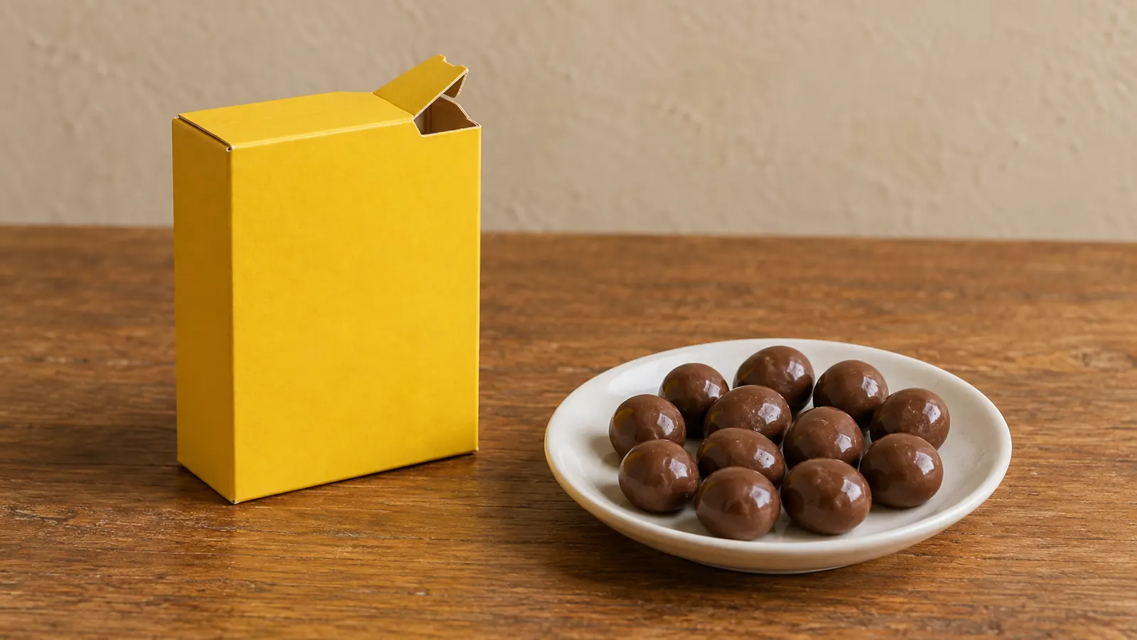 昭和42年〜昭和46年（1967〜1971年ごろ）のチョコボールの箱の取り出し口を再現したイメージ。小さな取り出し口を開けた無地の黄色い紙箱と丸いチョコ。