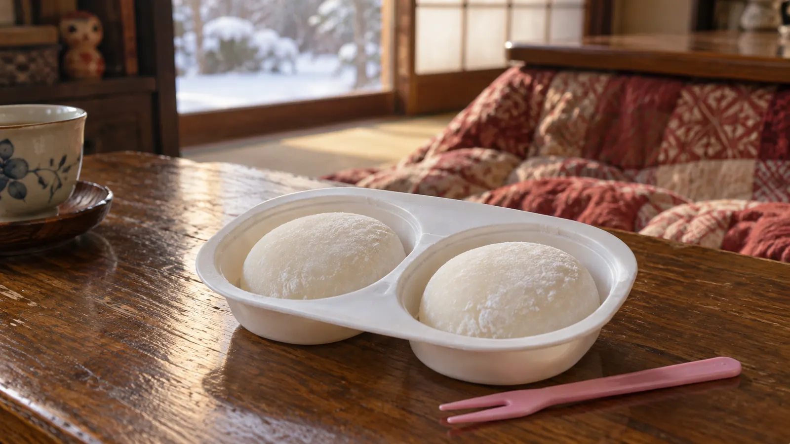 昭和56年〜昭和60年(1981〜1985年ごろ)の雪見だいふくの二つのくぼみを再現したイメージ。二つの丸いくぼみに白い餅アイスが収まり、横に小さなフォークを置いたトレー。