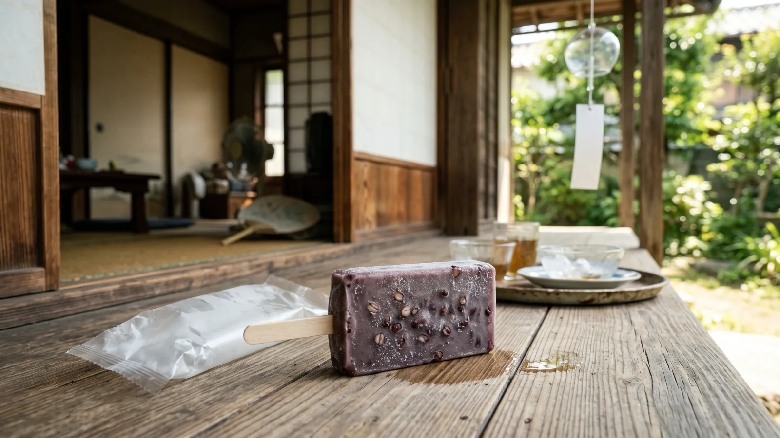 昭和48年〜昭和52年（1973〜1977年ごろ）の井村屋のあずきバーを再現したイメージ。縁側に置かれた、あずきの粒が見える濃い紫色の四角い氷菓と木の棒。
