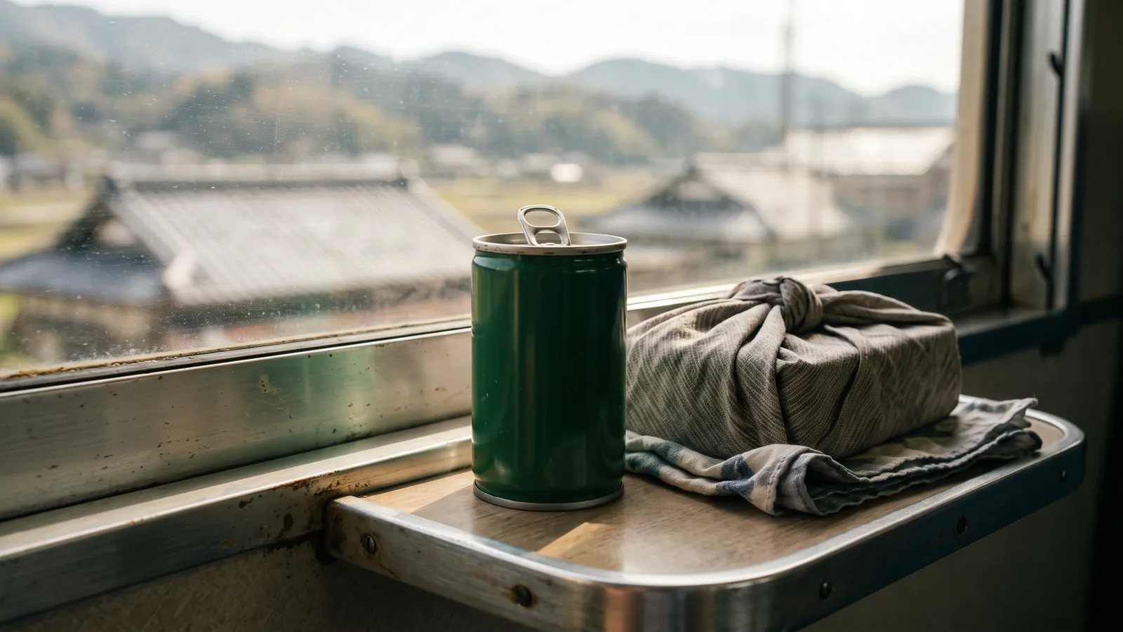 昭和60年〜平成1年（1985〜1989年ごろ）の伊藤園の缶入り煎茶を再現したイメージ。布に包んだ弁当の横に置かれた、無地の深緑色の小さな飲料缶。