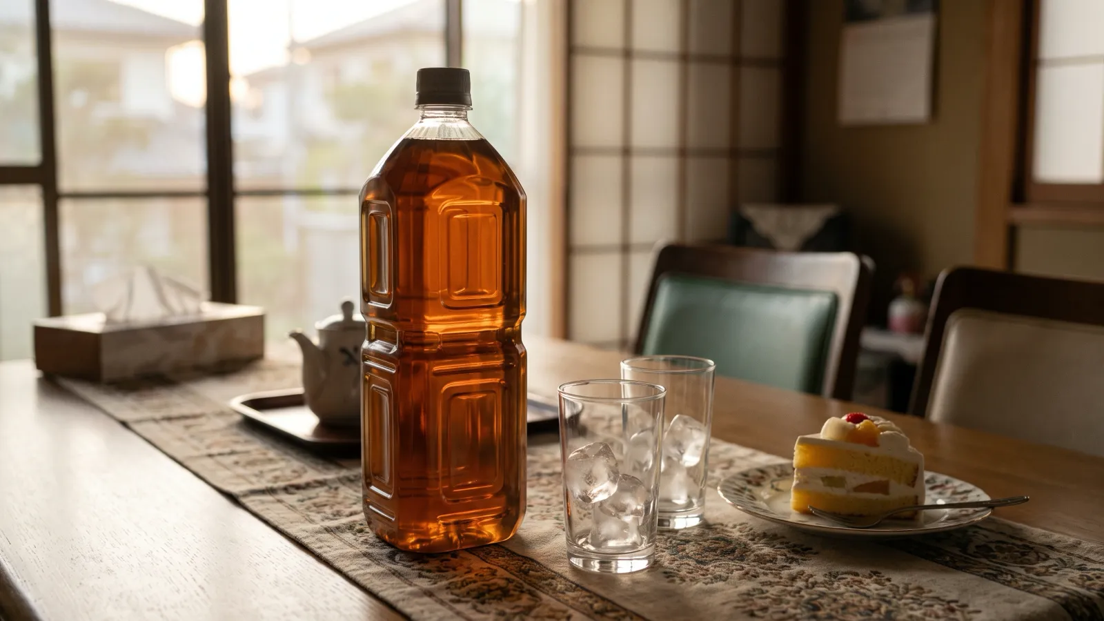 昭和61年〜平成2年（1986〜1990年ごろ）の午後の紅茶の1.5Lペットボトルを再現したイメージ。ラベルのない大きな透明ボトルに入った琥珀色の紅茶と、氷を入れたグラス二つ。