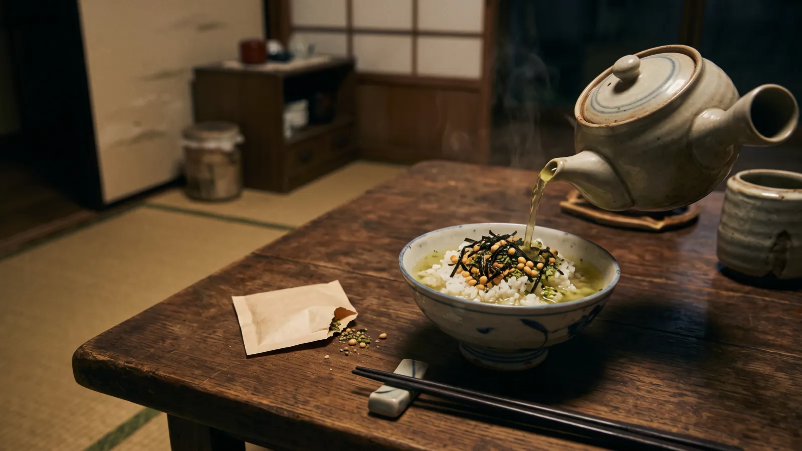 昭和27年〜昭和31年（1952〜1956年ごろ）のお茶づけ海苔の小袋を再現したイメージ。ごはんに海苔とあられをのせた茶碗へ、急須からお茶を注ぐ夜の食卓。