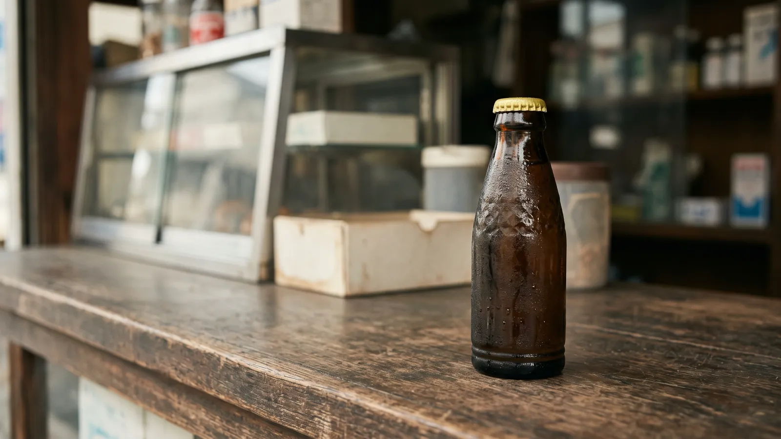 昭和40年〜昭和44年（1965〜1969年ごろ）のオロナミンCの茶色い小瓶を再現したイメージ。木の商店カウンターに置かれた、金色の栓の茶色いガラスの小瓶。
