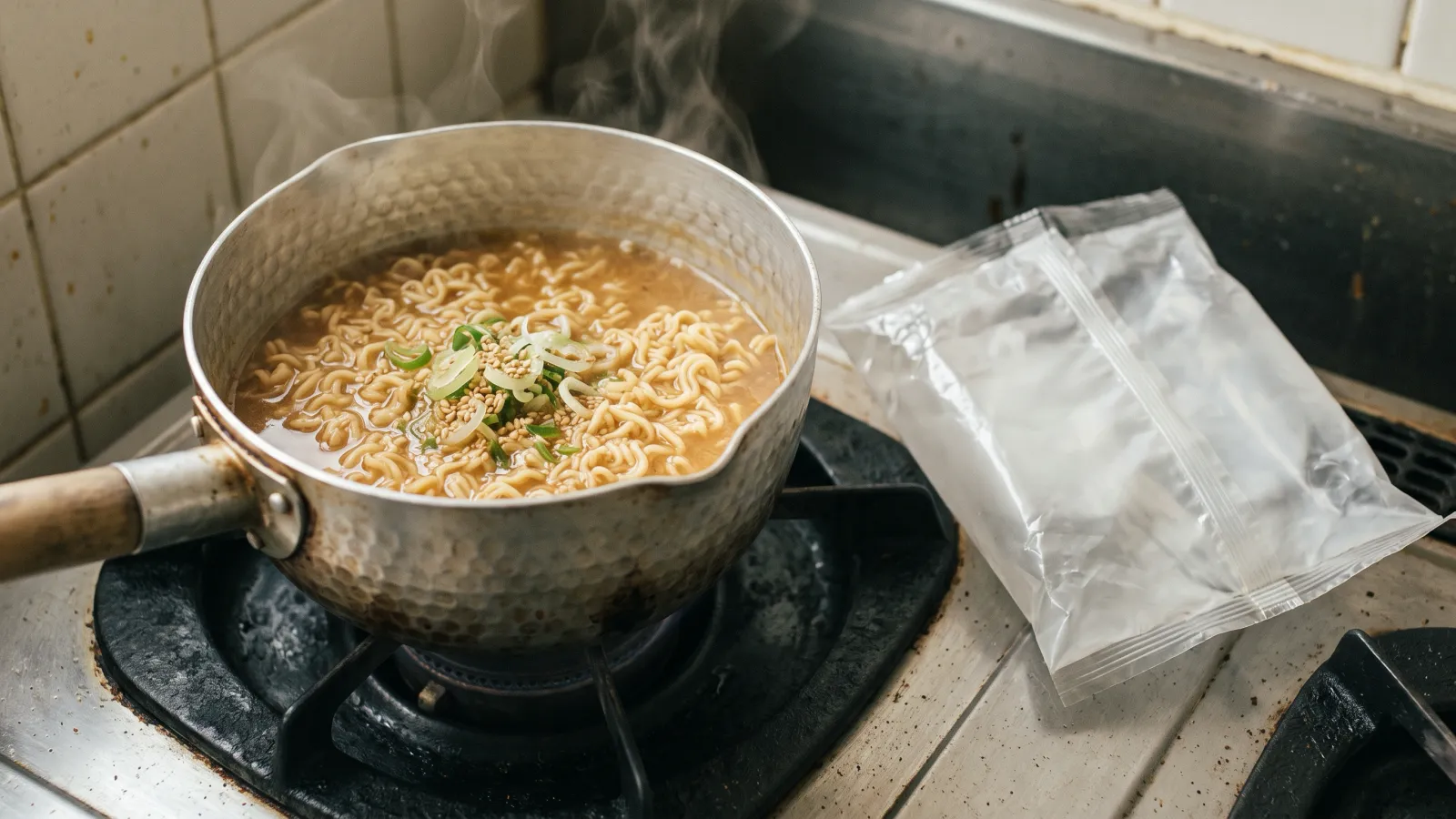 昭和43年〜昭和47年（1968〜1972年ごろ）のサッポロ一番 みそラーメンを再現したイメージ。ガスこんろの上の小さなアルミ鍋で湯気を立てる、ごまとねぎをのせたみそラーメン。