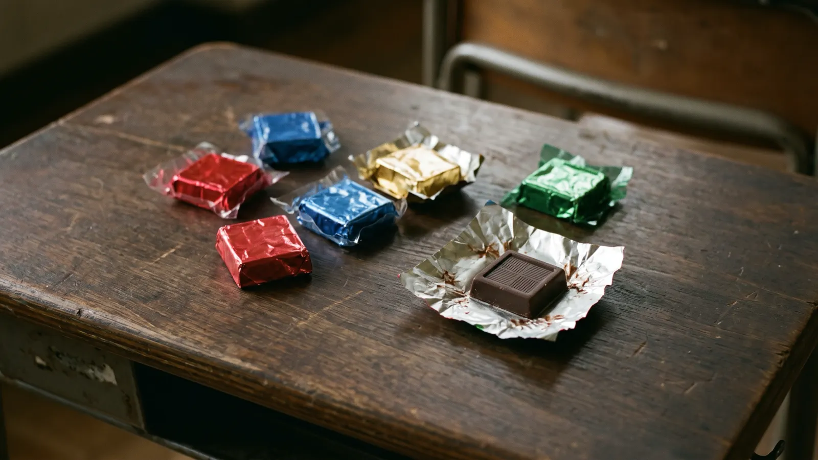 昭和50年代(1975〜1984年ごろ)のチロルチョコの四角い一粒を再現したイメージ。色とりどりの無地の包みに入った小さな四角いチョコと、一つだけ開いた中身。