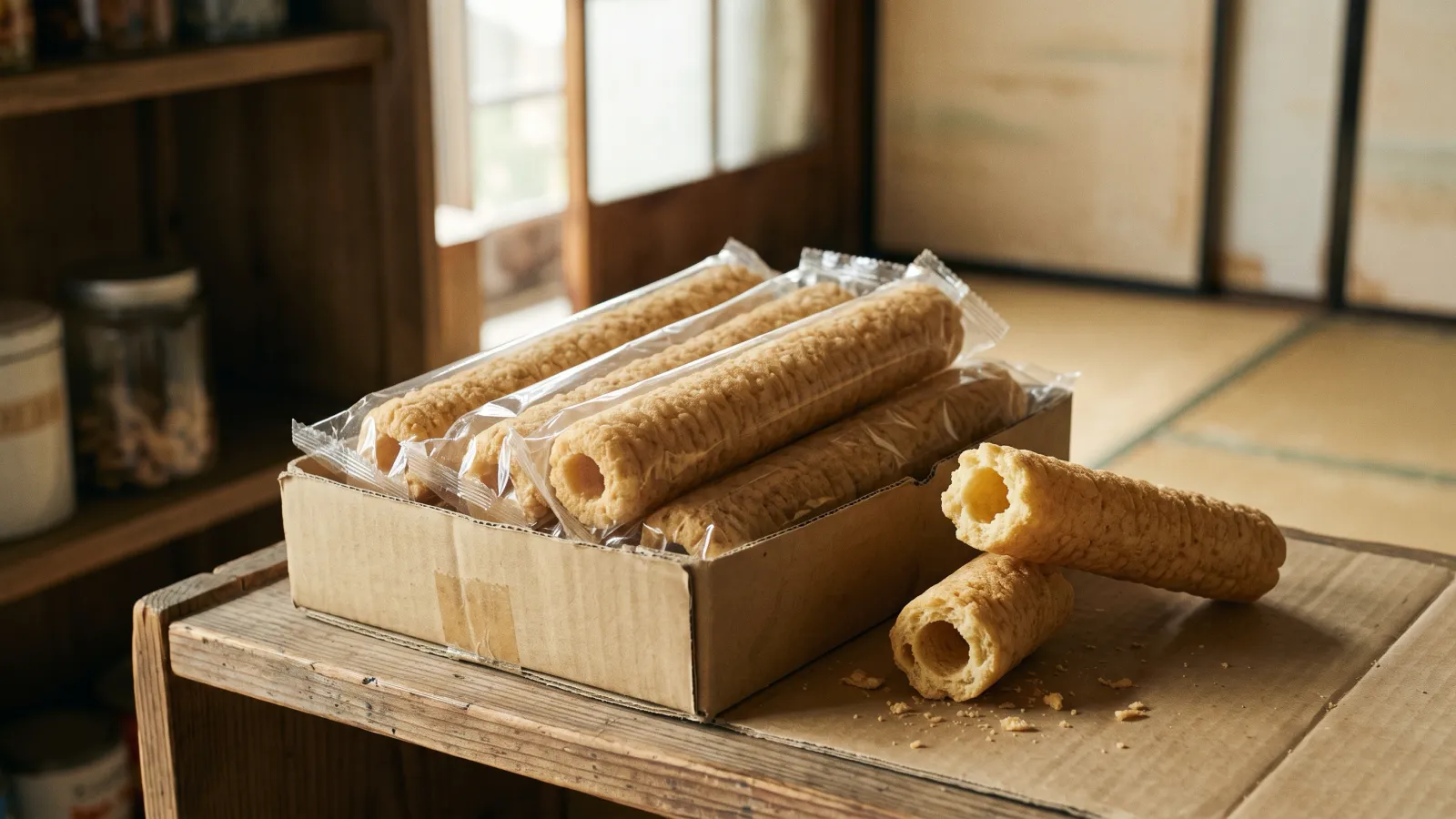 昭和54年〜昭和58年（1979〜1983年ごろ）のうまい棒を再現したイメージ。駄菓子屋の箱に並ぶ、透明な無地の袋に入った穴あきの円柱スナック。