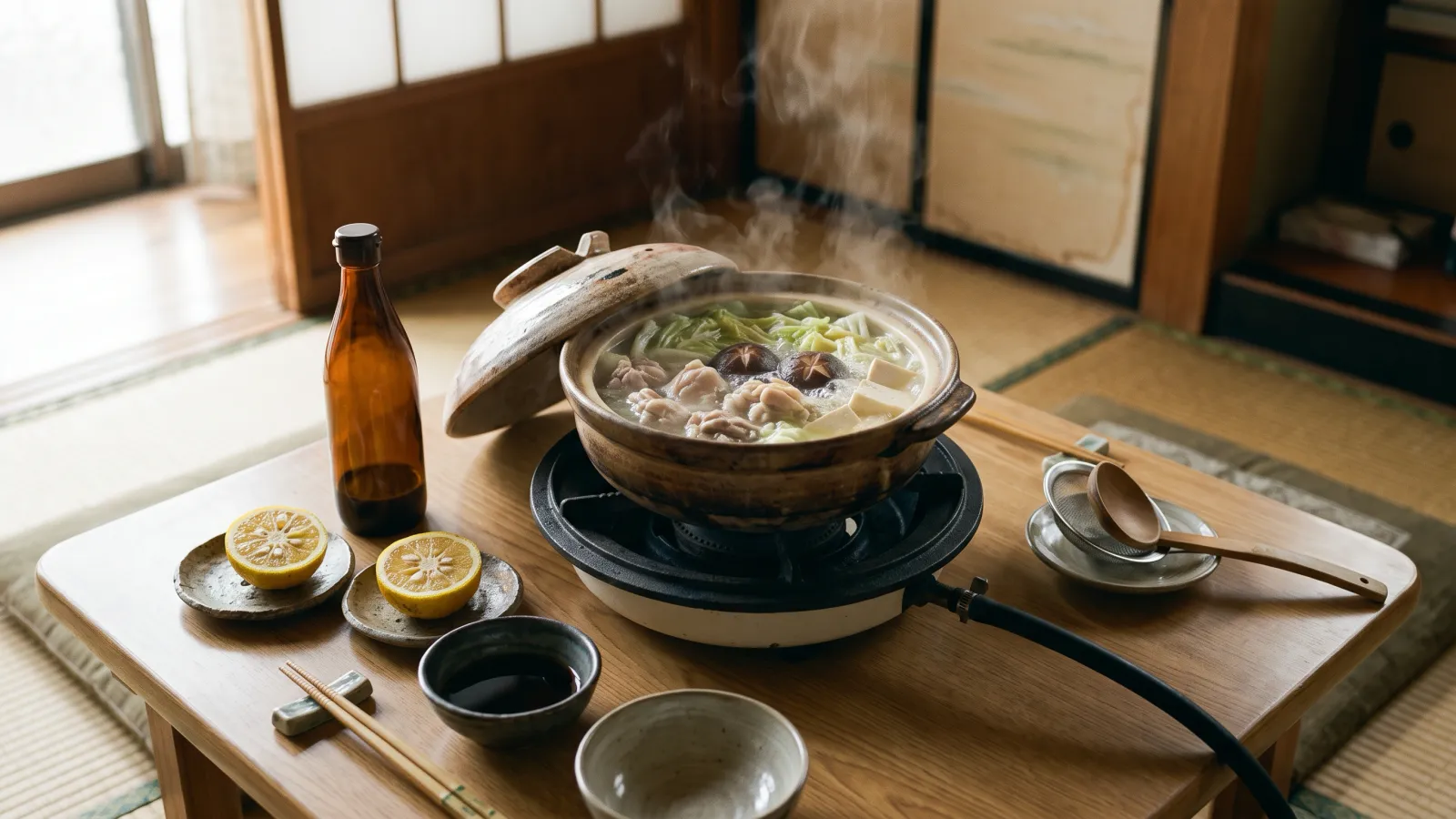 昭和39年〜昭和43年（1964〜1968年ごろ）のミツカン味ぽんの瓶を再現したイメージ。ホースつきの卓上ガスこんろで湯気を立てる土鍋の水炊きと、ぽん酢を注いだ小鉢、ラベルのない茶色い瓶と半分に切った柑橘。