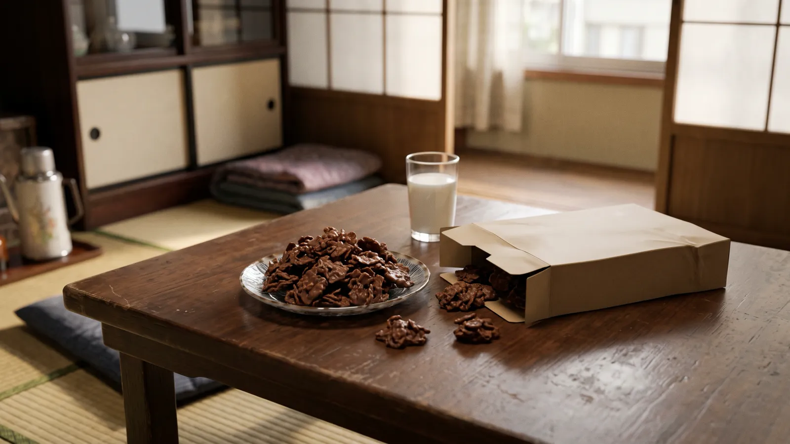 昭和42年〜昭和46年(1967〜1971年ごろ)の森永チョコフレークを再現したイメージ。小皿に盛られたチョコがけのコーンフレークと、横倒しになった無地の紙箱、牛乳のコップ。