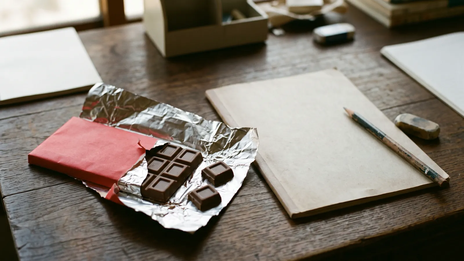 昭和39年〜昭和43年(1964〜1968年ごろ)のロッテ ガーナミルクチョコレートを再現したイメージ。木の勉強机の上で、無地の赤い外紙と銀紙をはがし、数かけら割ったミルクチョコレートの板。