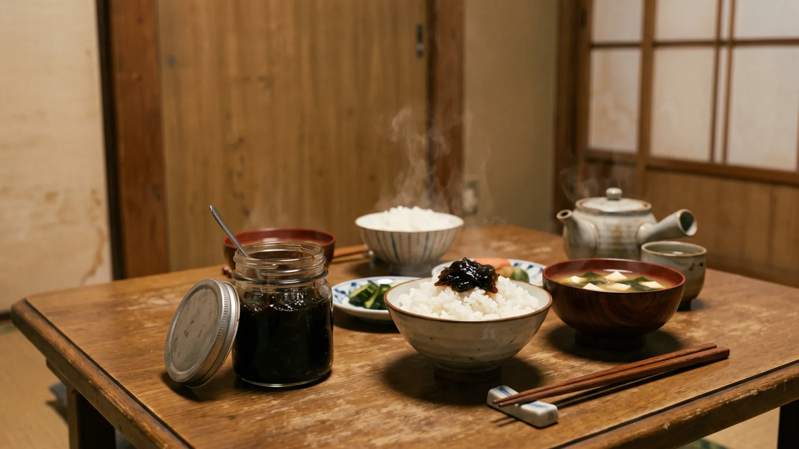 昭和48年〜昭和52年(1973〜1977年ごろ)の桃屋「ごはんですよ!」の瓶を再現したイメージ。夕食の食卓に置かれた、黒く光るのり佃煮の入った小さなガラス瓶と、湯気の立つご飯。