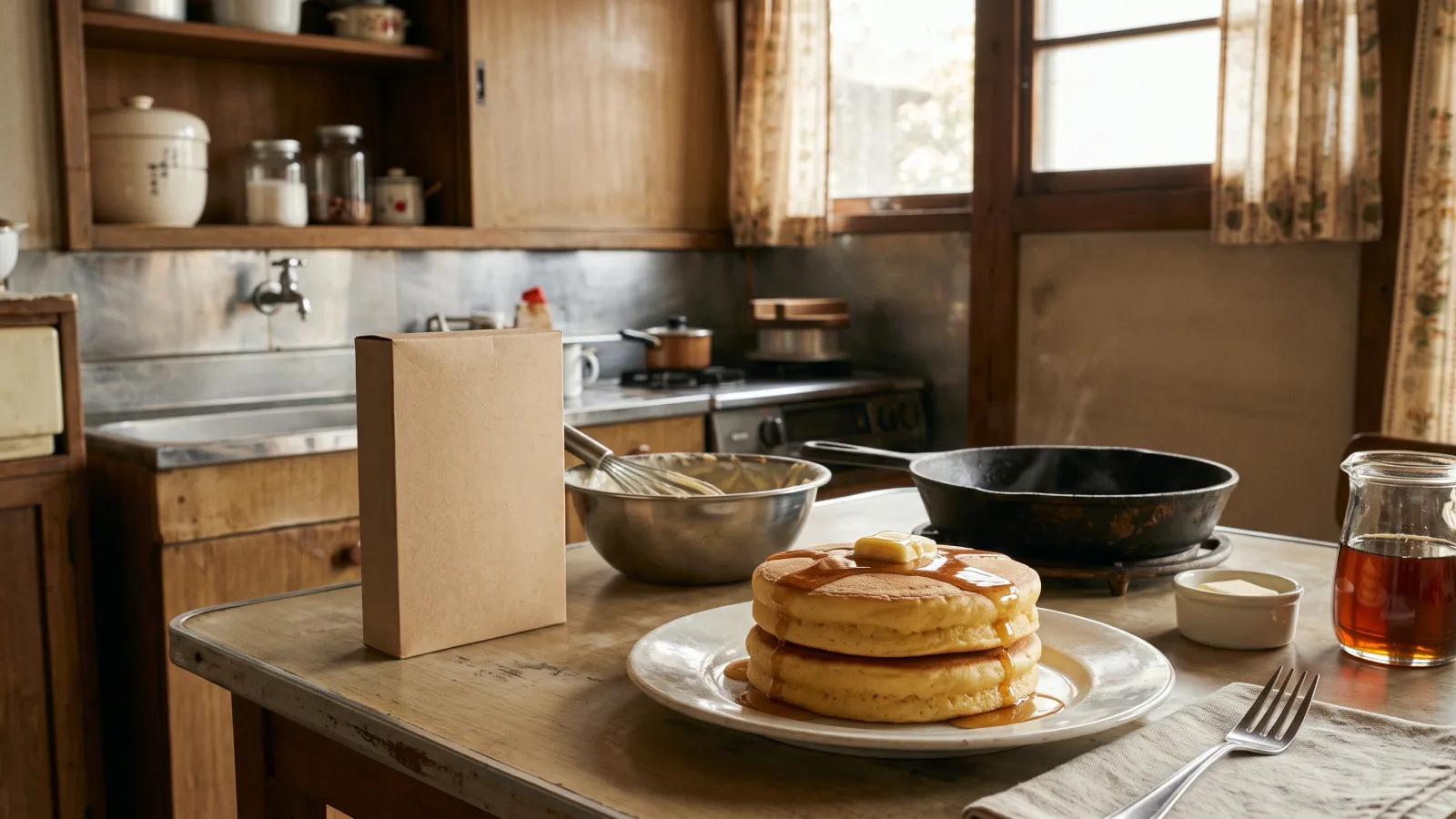 昭和32年〜昭和36年(1957〜1961年ごろ)の森永ホットケーキミックスの箱を再現したイメージ。白い皿に重ねた二枚の厚いホットケーキとバター、鉄のフライパンと生地のボウル。