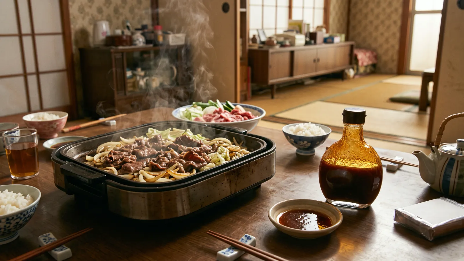 昭和53年〜昭和57年(1978〜1982年ごろ)のエバラ黄金の味を再現したイメージ。夕食の食卓で、ホットプレートの上で焼ける薄切り肉と玉ねぎ、ラベルのない丸い瓶のたれと小皿。
