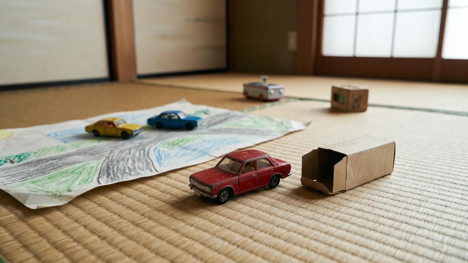 昭和45年〜昭和49年(1970〜1974年ごろ)のトミカの手のひらミニカーを再現したイメージ。畳の上に置かれた、手のひらに乗る金属製のセダンのミニカーと、端の開いた無地の小箱。