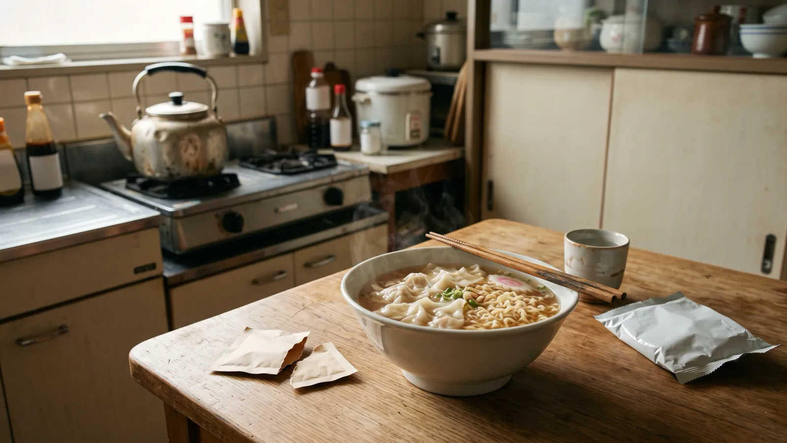 昭和38年〜昭和42年(1963〜1967年ごろ)のエースコックのワンタンメンを再現したイメージ。陶器の丼に入ったしょうゆ味のスープの袋めんと、浮かんだ薄い小さなワンタン、ガスこんろのやかん。