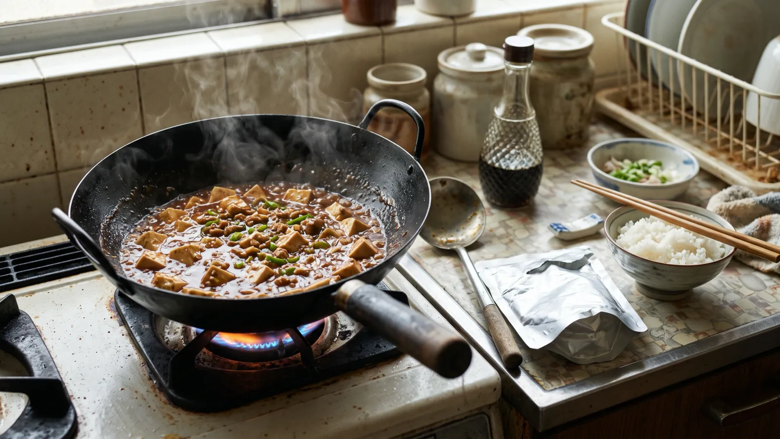 昭和53年〜昭和57年（1978〜1982年ごろ）の味の素Cook Doの合わせ調味料を再現したイメージ。ガスの炎にかけた黒い中華鍋で、ピーマンと豚肉が茶色いたれをまとって湯気を上げる。