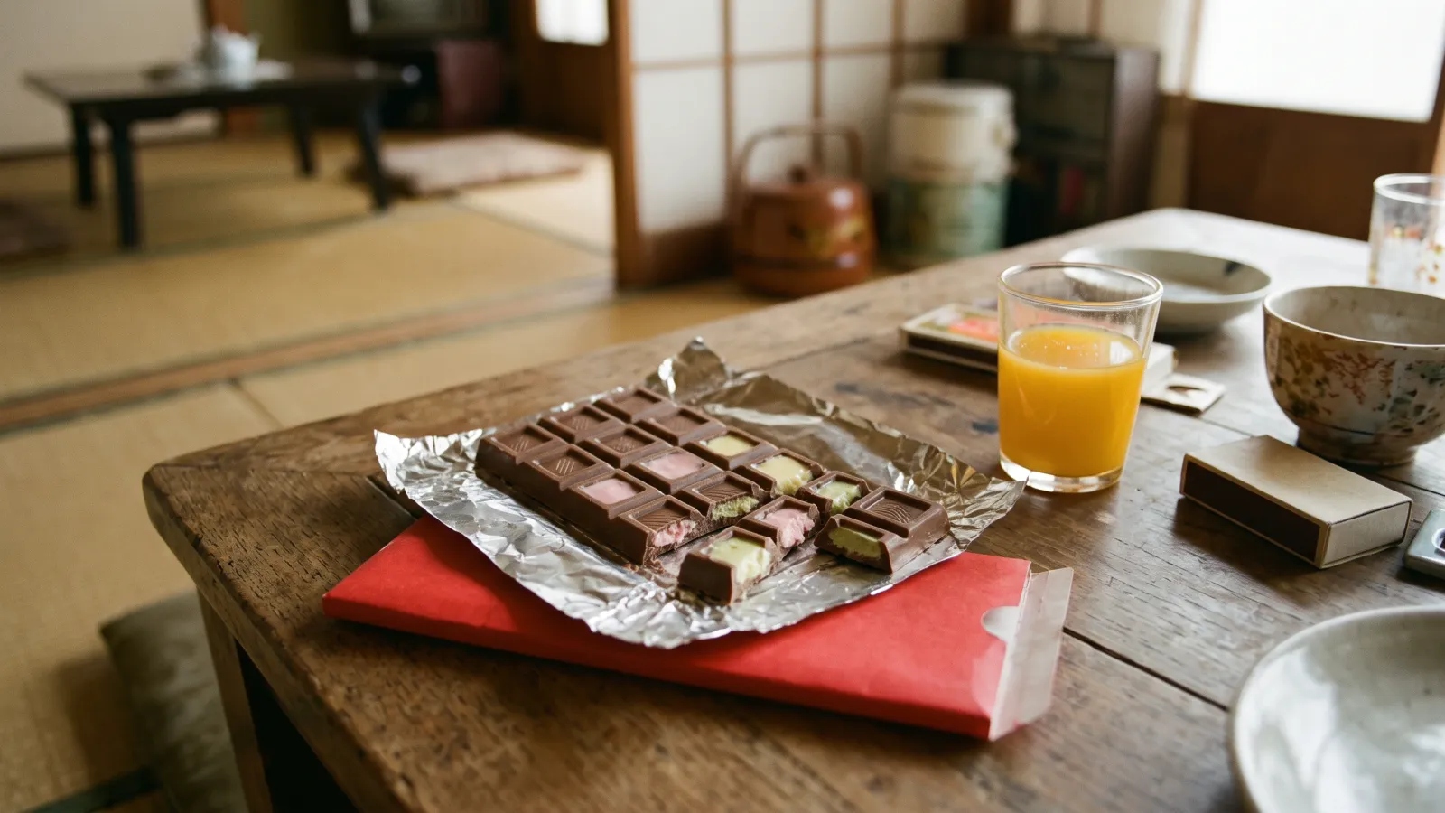 昭和37年〜昭和41年(1962〜1966年ごろ)の不二家ルックチョコレートを再現したイメージ。居間の机で、小さな四角に割った板チョコの断面から色の違うクリームがのぞく。
