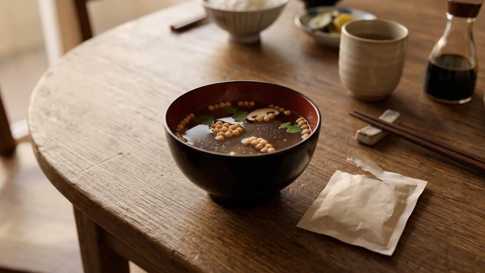 昭和39年〜昭和43年(1964〜1968年ごろ)の永谷園の松茸の味お吸いものを再現したイメージ。黒い漆の椀に澄んだだしと小さなあられ、きのこの薄切りが浮かぶ夕食の膳。