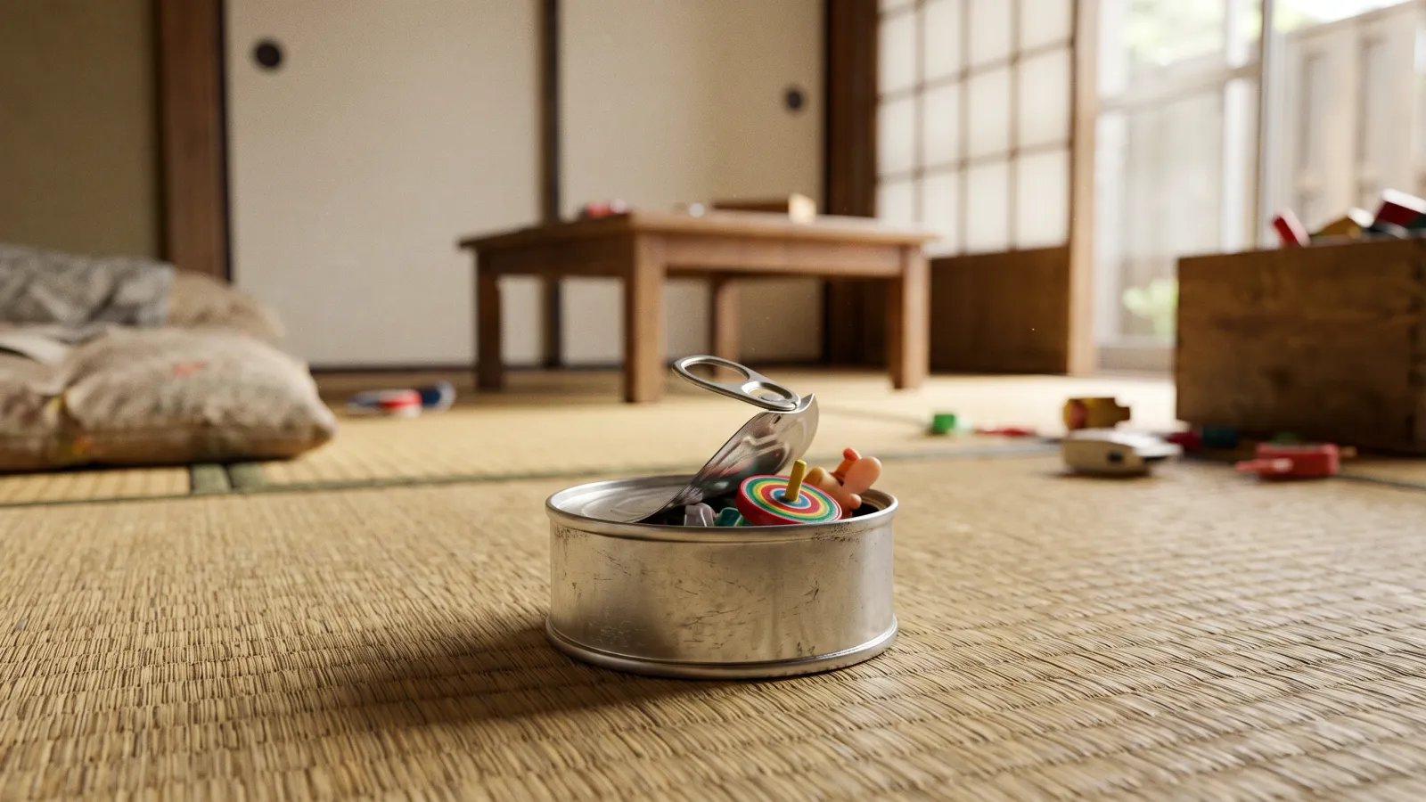 昭和44年〜昭和48年（1969〜1973年ごろ）の森永チョコボールのおもちゃのカンヅメを再現したイメージ。畳の上に置いた無地の小さな缶のふたが開き、こまやぜんまいのおもちゃがのぞく。
