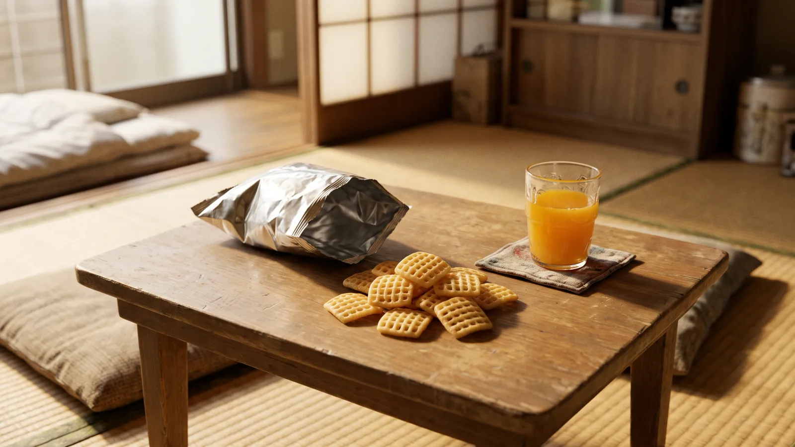 昭和47年〜昭和51年（1972〜1976年ごろ）のカルビー サッポロポテトを再現したイメージ。畳の部屋の低い机に、網の目の格子の形をした小さなスナックの山とジュースのコップ。
