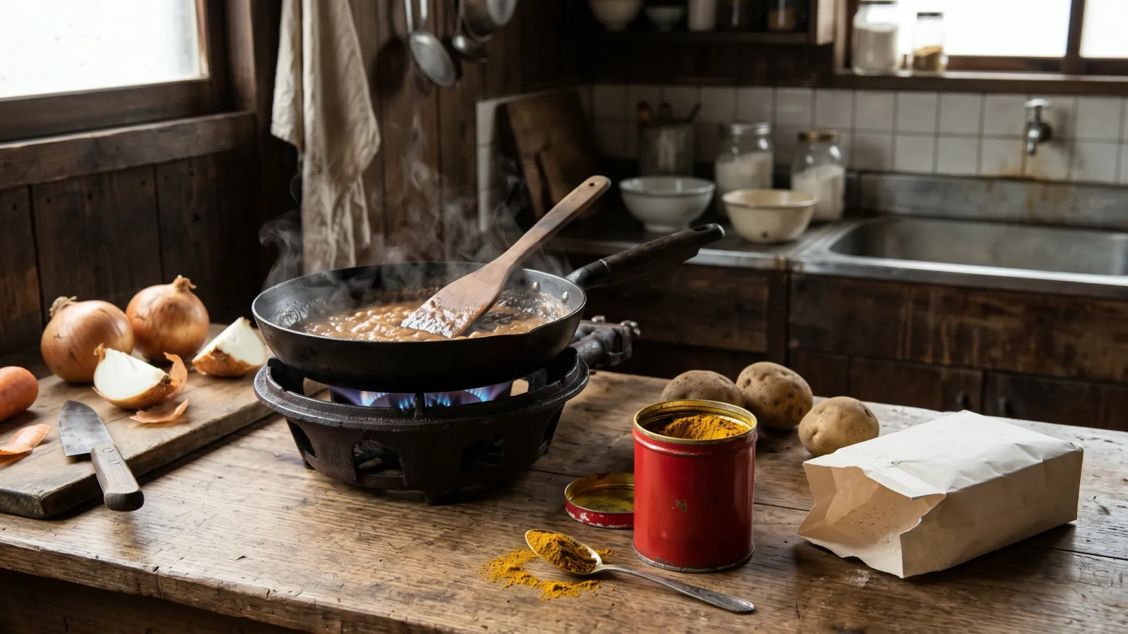 昭和30年〜昭和34年（1955〜1959年ごろ）のS&Bの赤缶カレー粉を再現したイメージ。かまどの名残がある台所で、無地の赤い缶と黄色いカレー粉、鉄のフライパンの小麦粉。