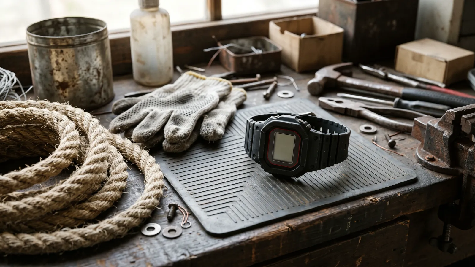 昭和58年〜昭和62年（1983〜1987年ごろ）のカシオのG-SHOCKを再現したイメージ。ゴムのマットに置いた、表示の消えた黒い四角いデジタル腕時計と、ロープと作業用手袋。