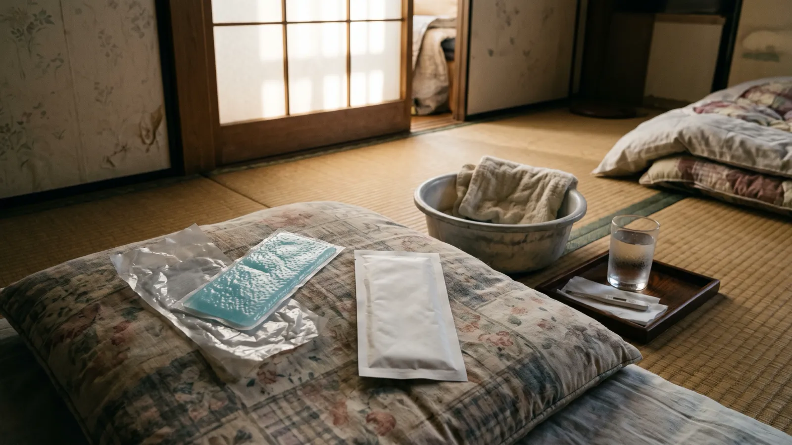 平成6年〜平成10年（1994〜1998年ごろ）の小林製薬の熱さまシートを再現したイメージ。布団の枕元に置いた、はがしたフィルムと青白い冷却ジェルのシート、水の入ったコップ。