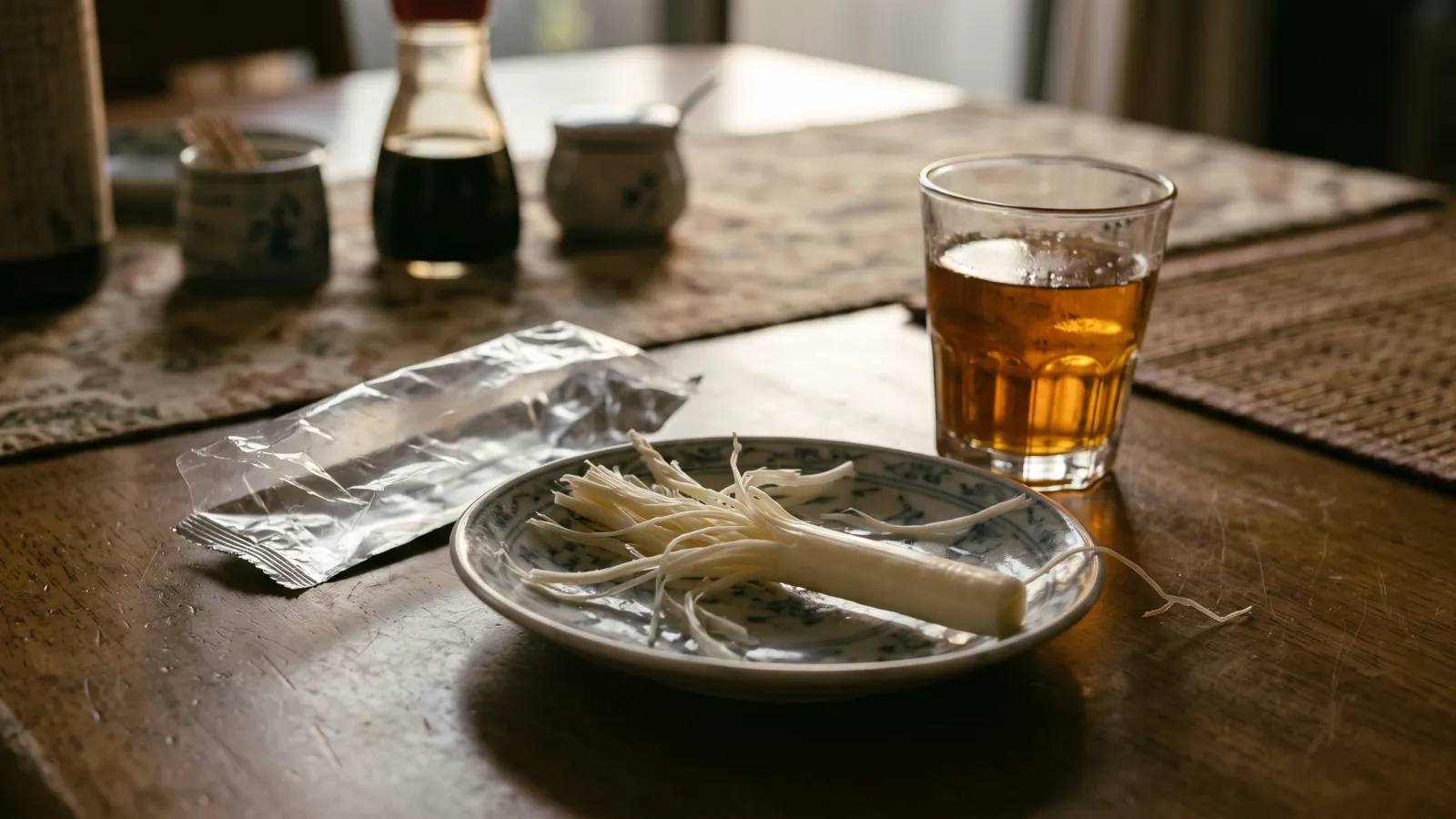 昭和55年〜昭和59年（1980〜1984年ごろ）の雪印のさけるチーズを再現したイメージ。食卓の小皿の上で、細い糸のように裂かれた白いチーズの棒と、開いた無地の包み。